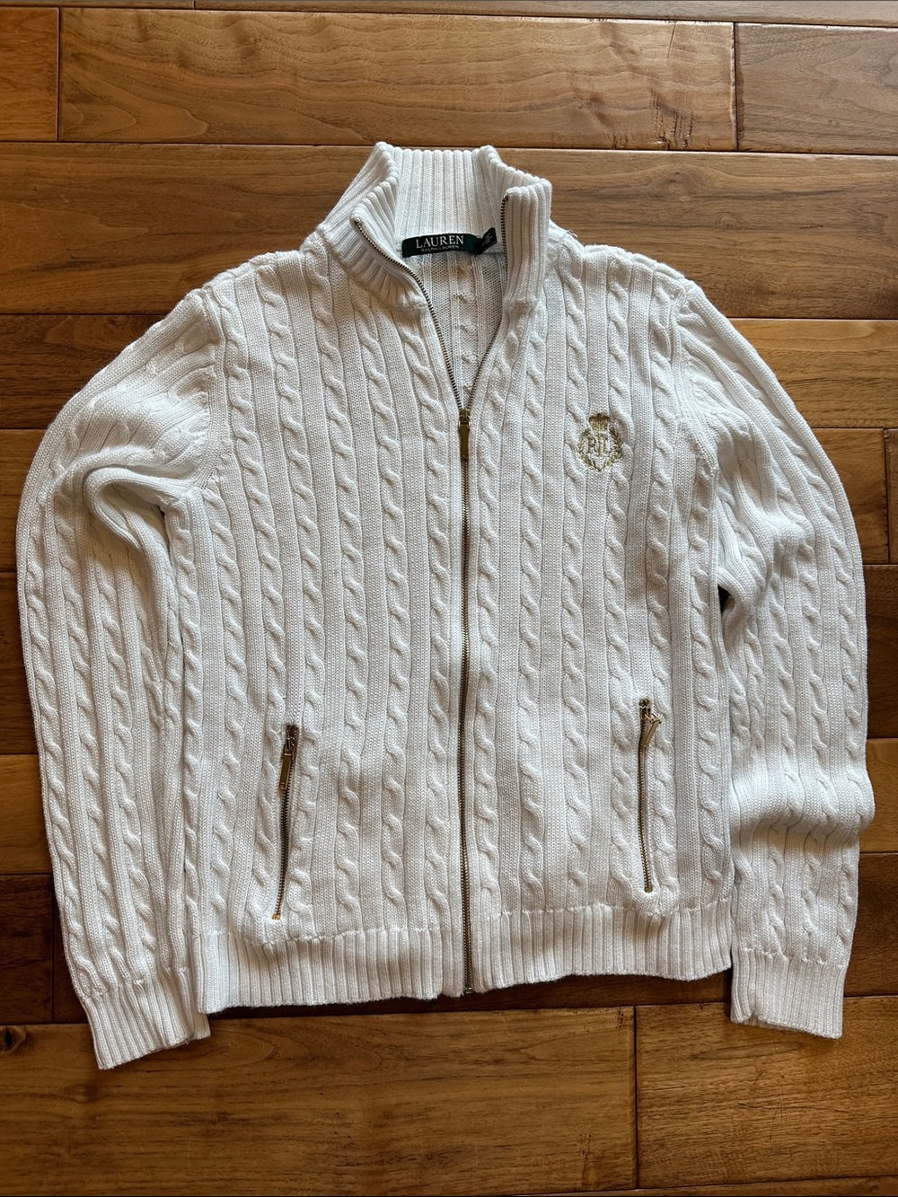 Lauren Ralph Lauren cable knit full zip mock neck cardigan sweater. Sz small